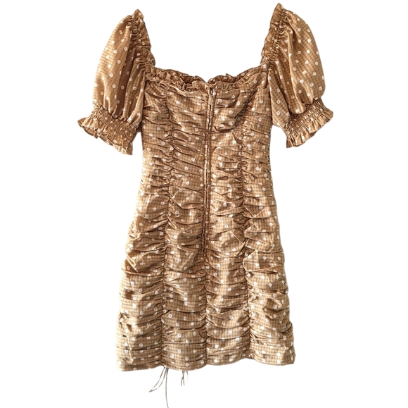 Finders Keepers Rosie Tan Polka Dot Ruched Fitted Feminine Mini Dress Size Small - Picture 5 of 16